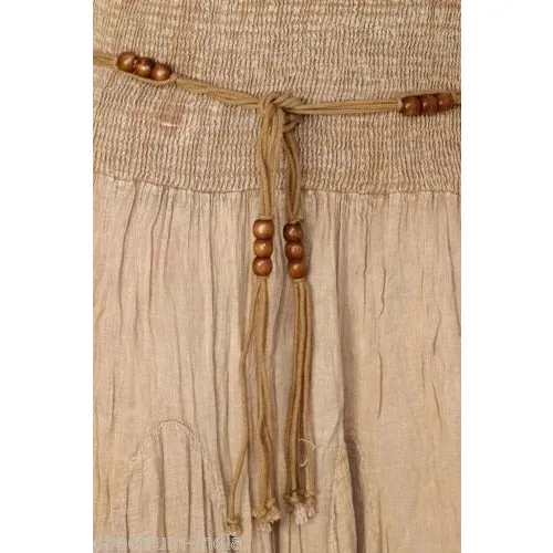 100% Cotton Skirt with Macrame and Bead Belt in Acid Wash Khaki