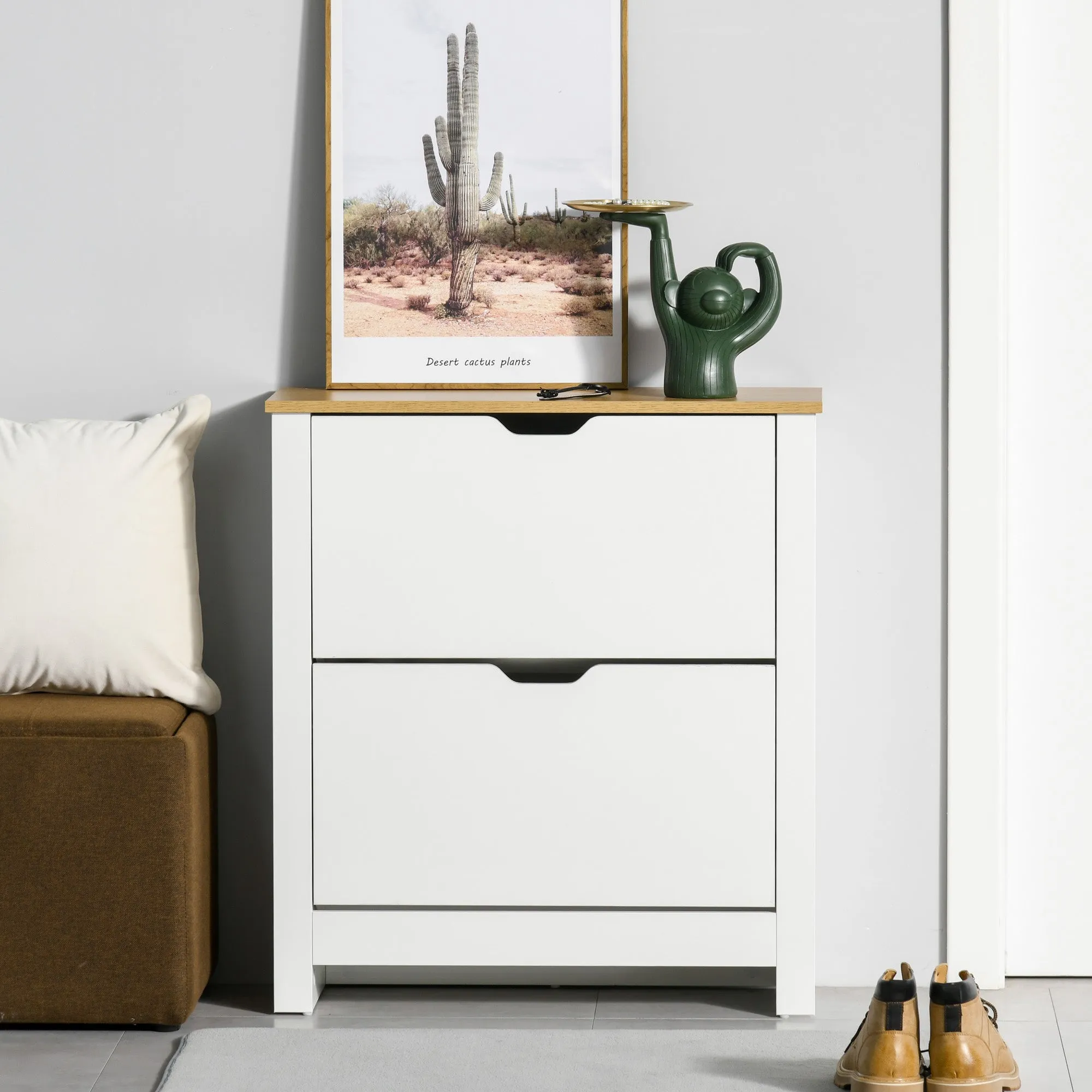 12-Shoe Storage Cabinet 4 Shelves 2 Drawers 4 Protective Legs Modern Stylish Unit Hallway Bedroom Home Furniture White