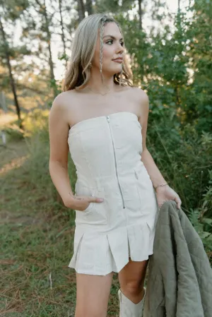 Beige Corduroy Strapless Romper Dress