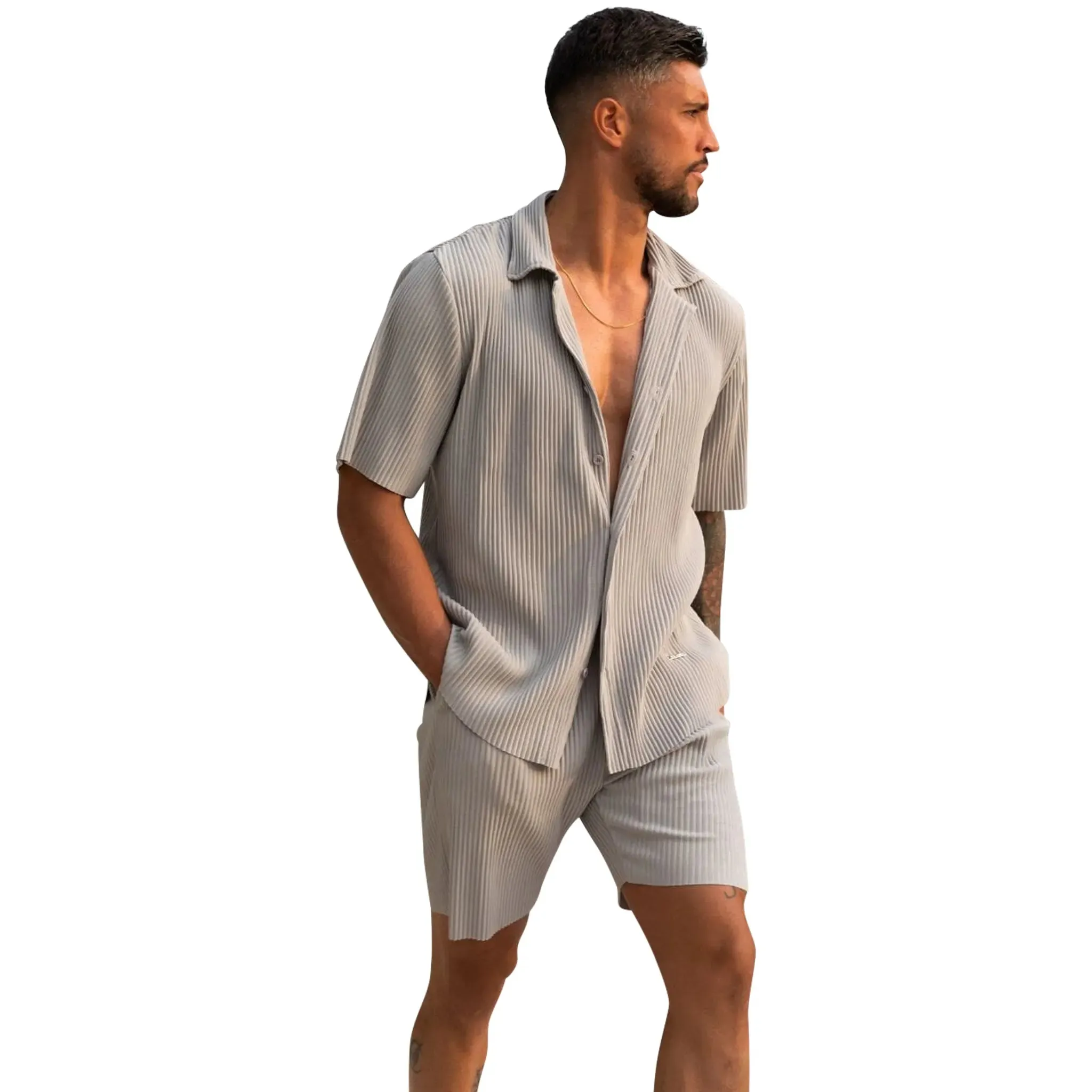 Belier Pleated Short Sleeve Light Grey Resort Shirt