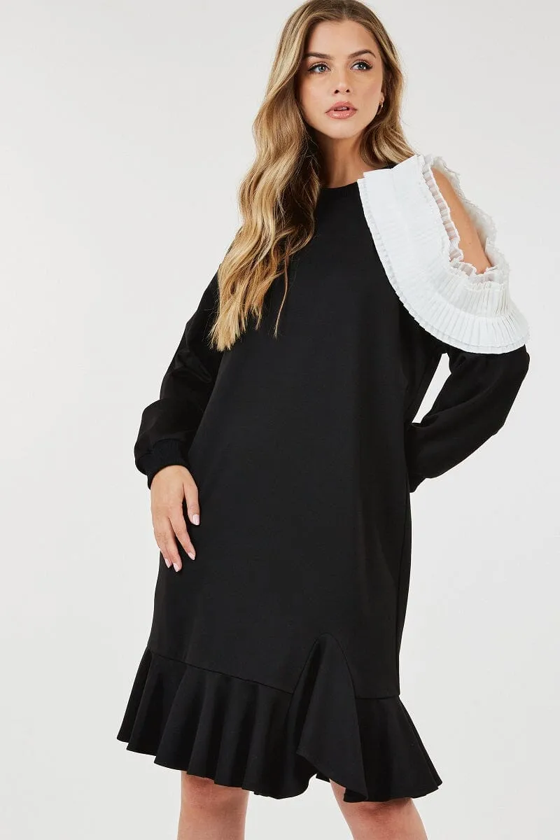 BLACK RUFFLED HEM WHITE PLEATED DETAIL DRESS