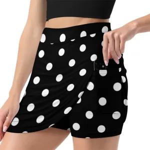 Black With White Polka Dots Athletic A-Line Skirt With Pocket