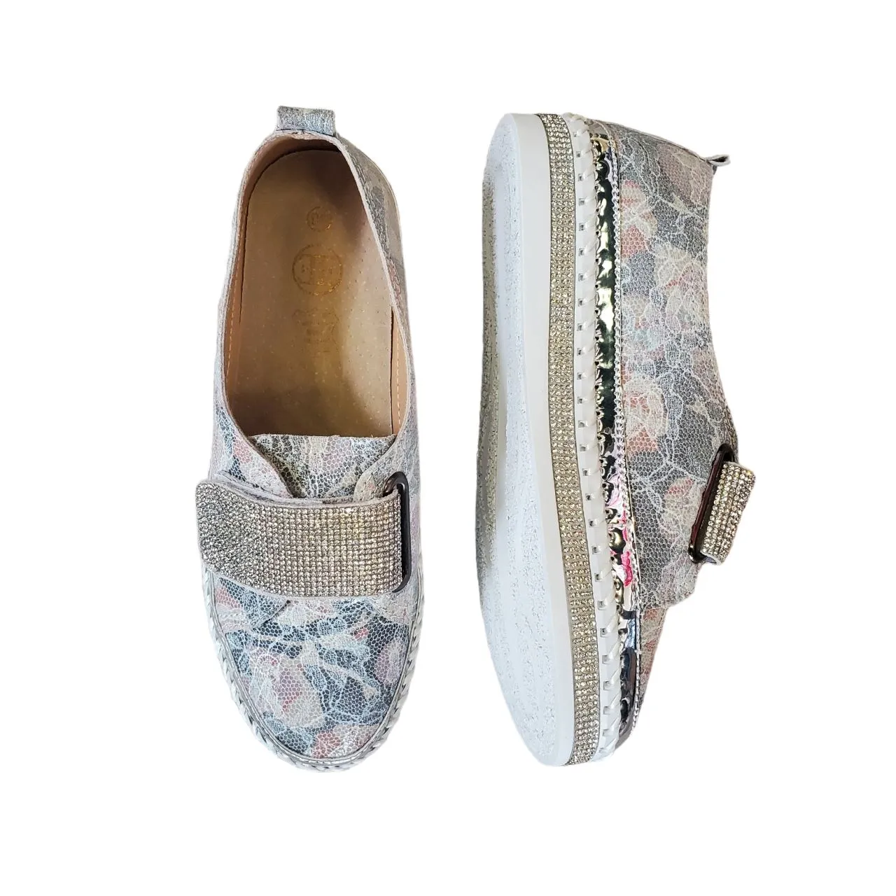 BLING STRAP FLORAL GREY ROSE SHOE