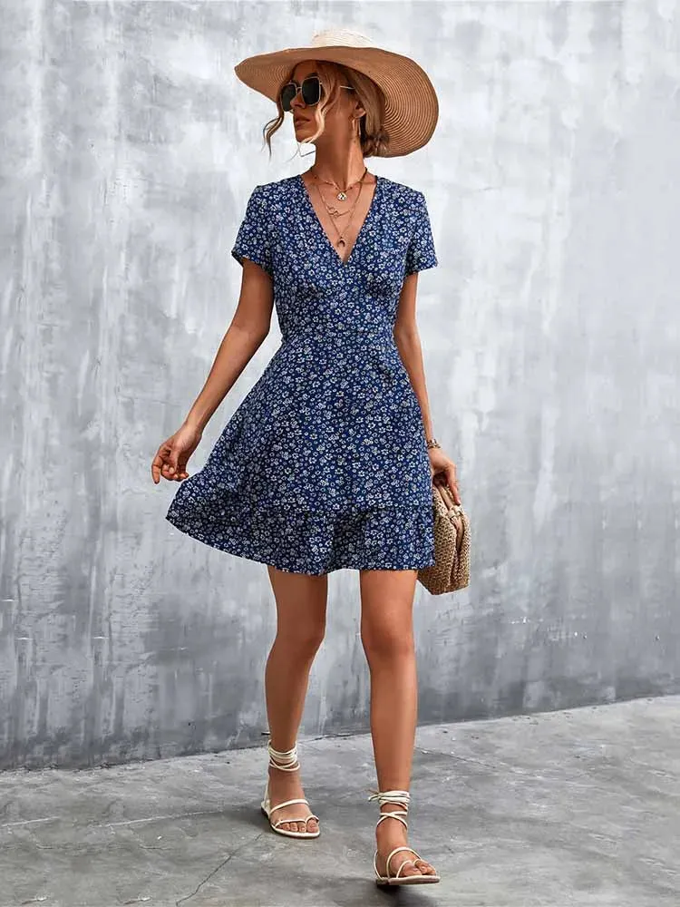 Boho V Neck Floral Mini A-Line Dress for Summer Party