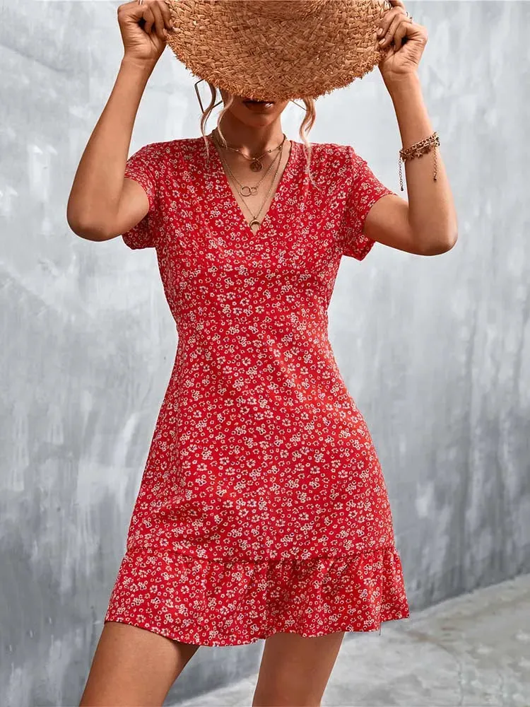 Boho V Neck Floral Mini A-Line Dress for Summer Party