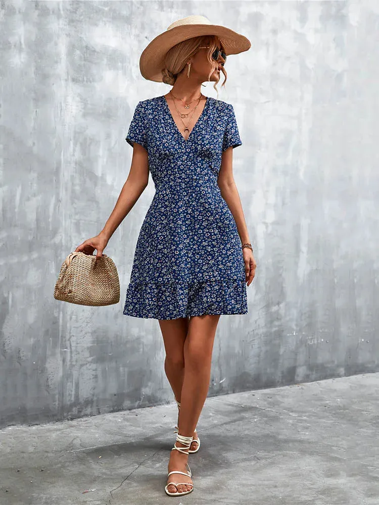 Boho V Neck Floral Mini A-Line Dress for Summer Party