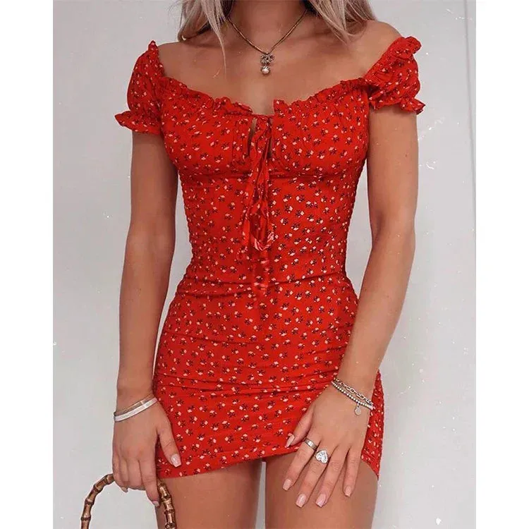 Boho Women Floral Ruched Ruffles A-Line Dress