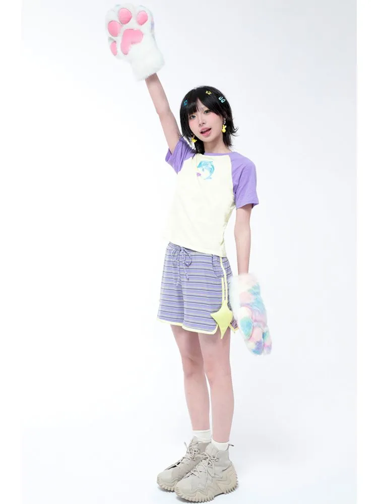 Casual Retro Sporty Purple Striped Star Shorts【s0000006578】