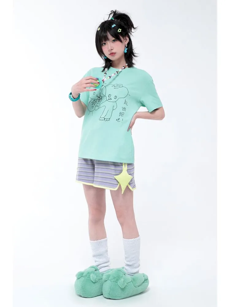 Casual Retro Sporty Purple Striped Star Shorts【s0000006578】