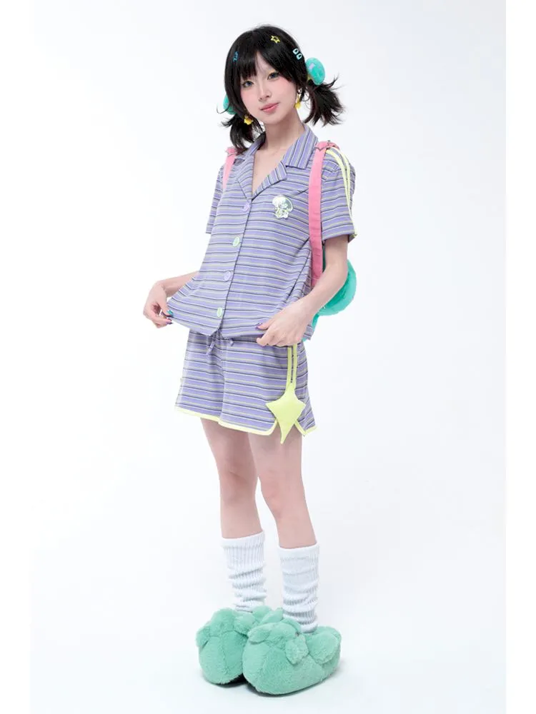 Casual Retro Sporty Purple Striped Star Shorts【s0000006578】