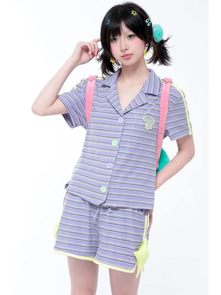 Casual Retro Sporty Purple Striped Star Shorts【s0000006578】