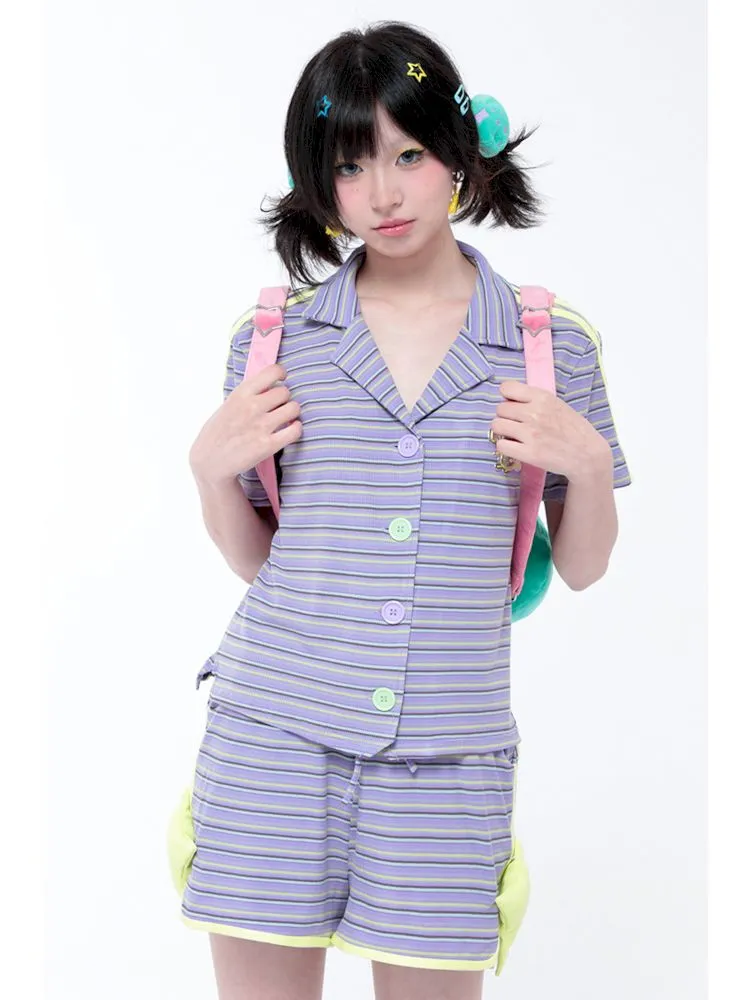 Casual Retro Sporty Purple Striped Star Shorts【s0000006578】