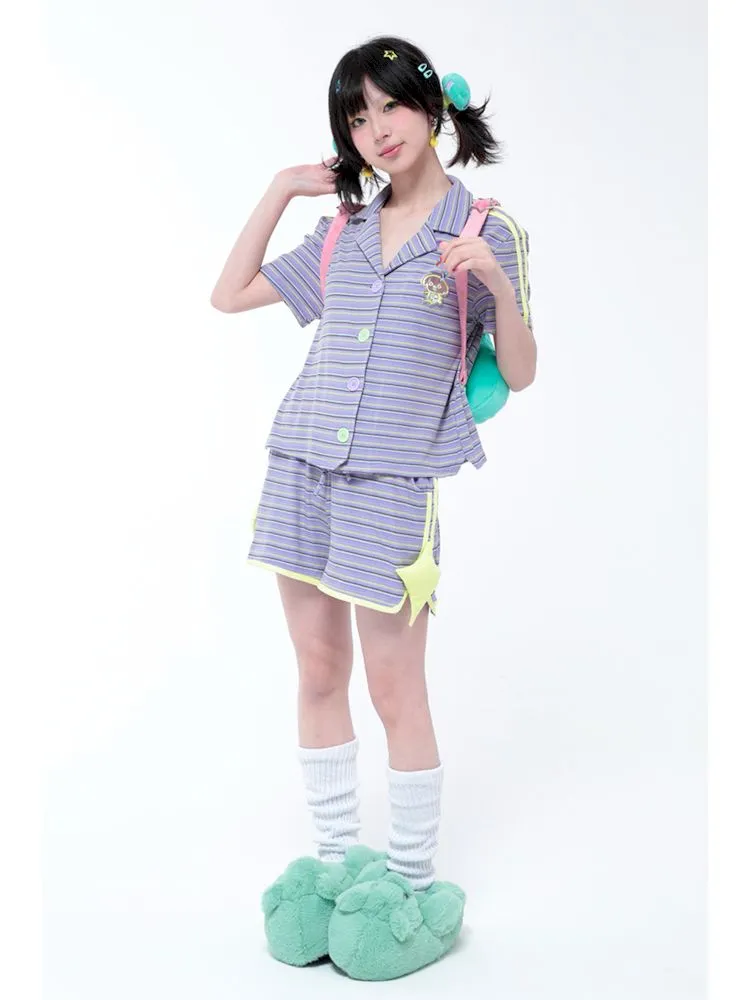 Casual Retro Sporty Purple Striped Star Shorts【s0000006578】