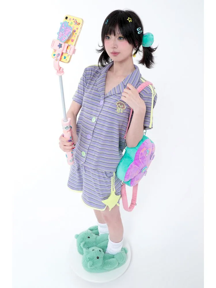 Casual Retro Sporty Purple Striped Star Shorts【s0000006578】