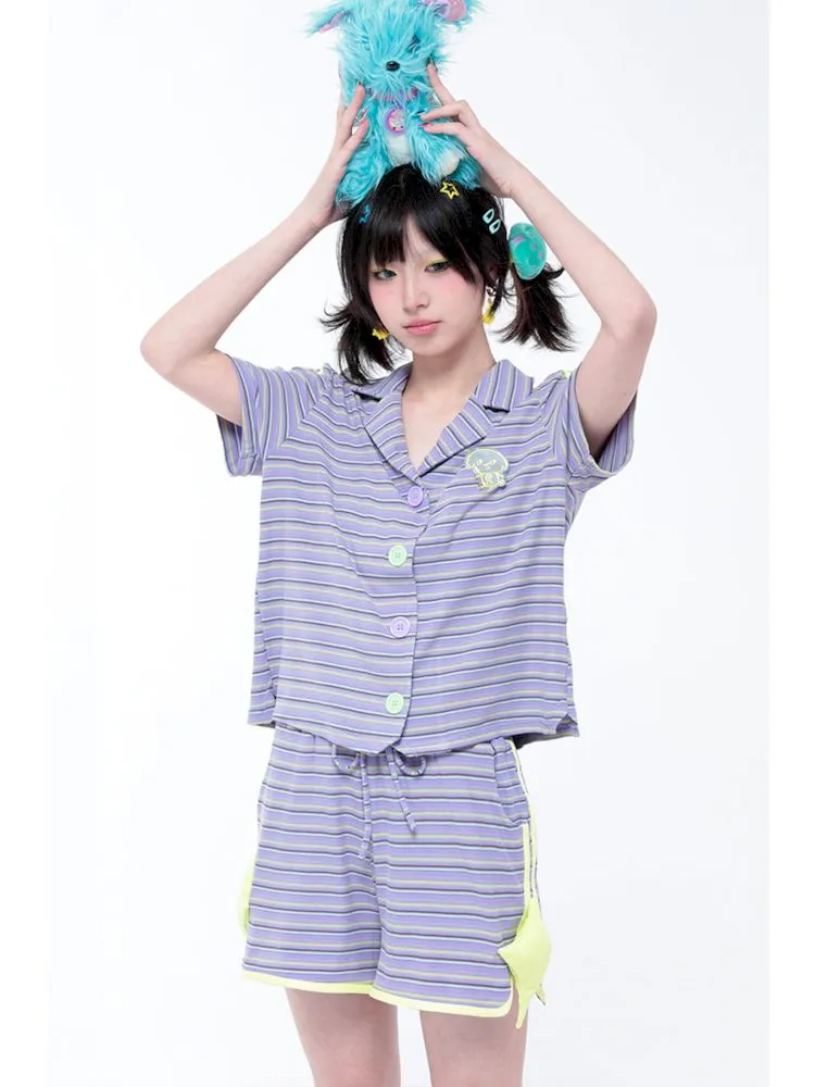 Casual Retro Sporty Purple Striped Star Shorts【s0000006578】