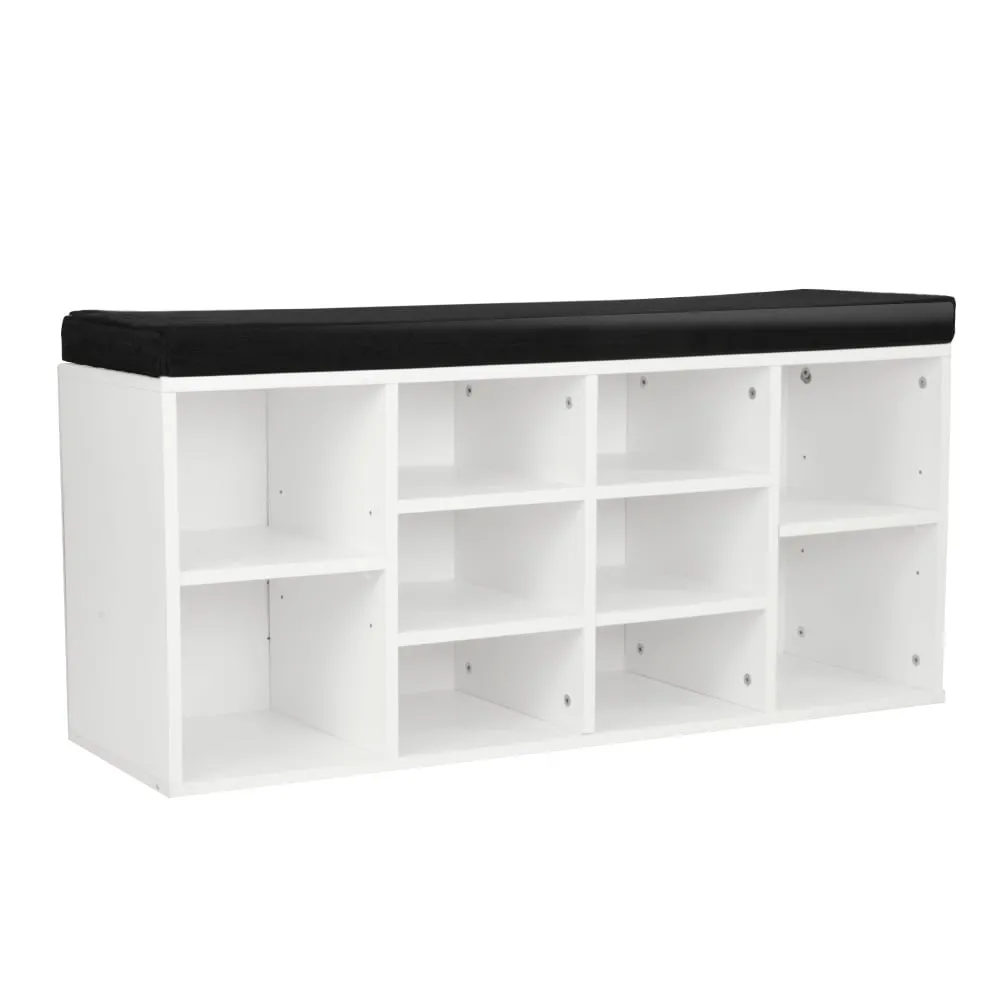 Cushioned White 10-Pair Shoe Cabinet Rack with Bench Stool