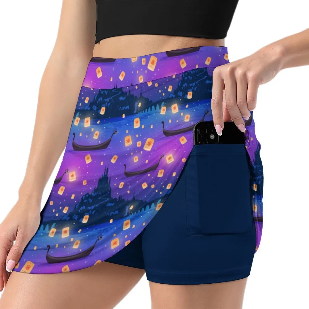 Disney Tangled Rapunzel Floating Lanterns Athletic A-Line Skirt With Pocket Solid Shorts