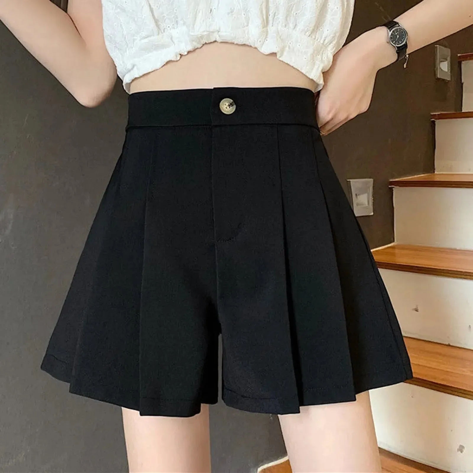 Elegant High Waisted Pleated Casual A-Line Shorts