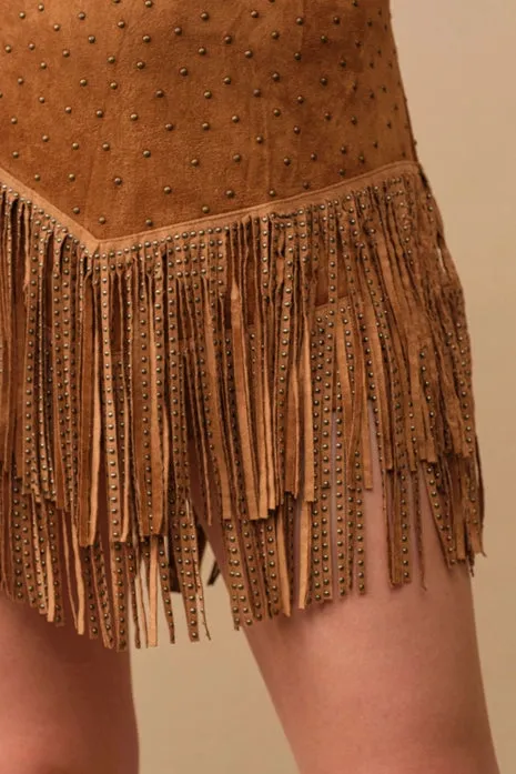 Faux Suede Studded Handkerchief Hem Tiered Skirt