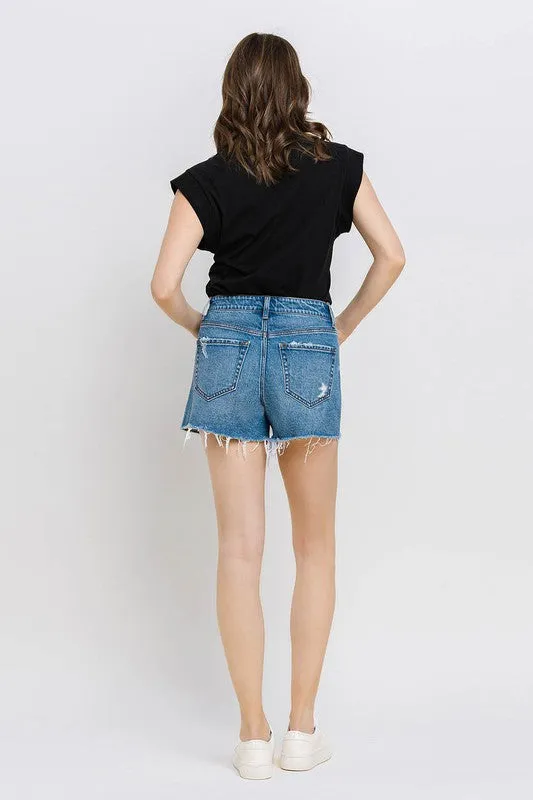 High Rise Distressed Hem A-Line Shorts