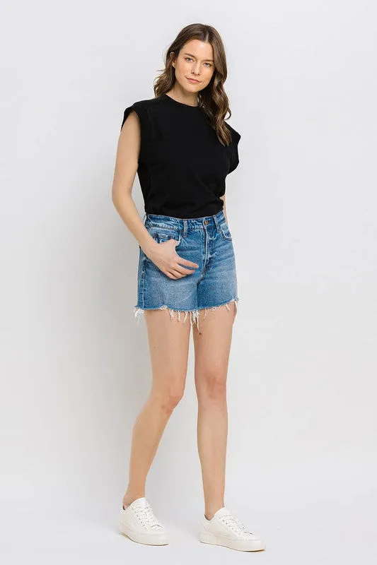 High Rise Distressed Hem A-Line Shorts