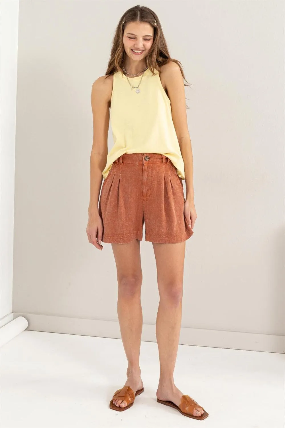 High Waist Pleated Linen Shorts