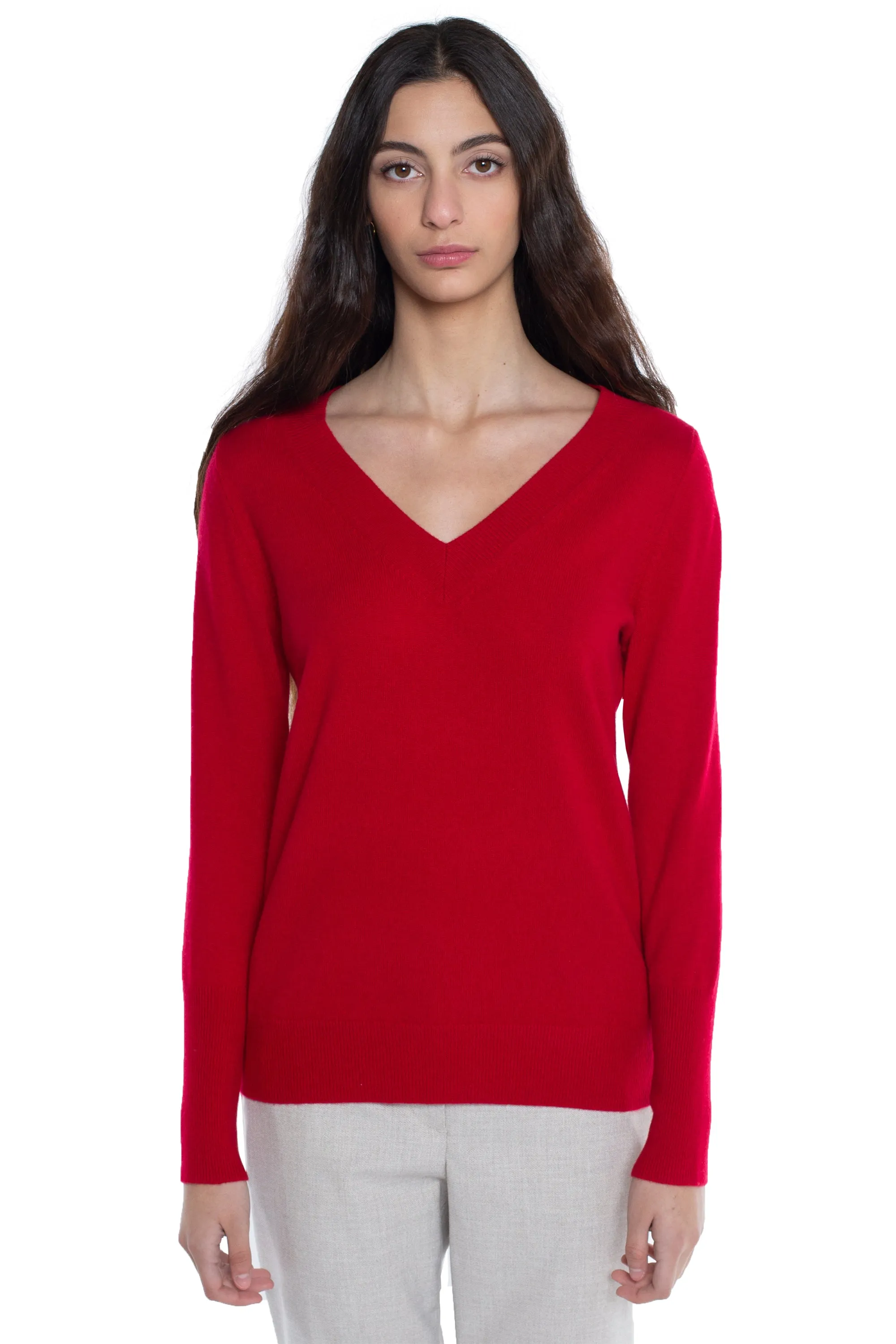 JENNIE LIU Women's 100% Pure Cashmere Long Sleeve Ava V Neck Pullover Sweater