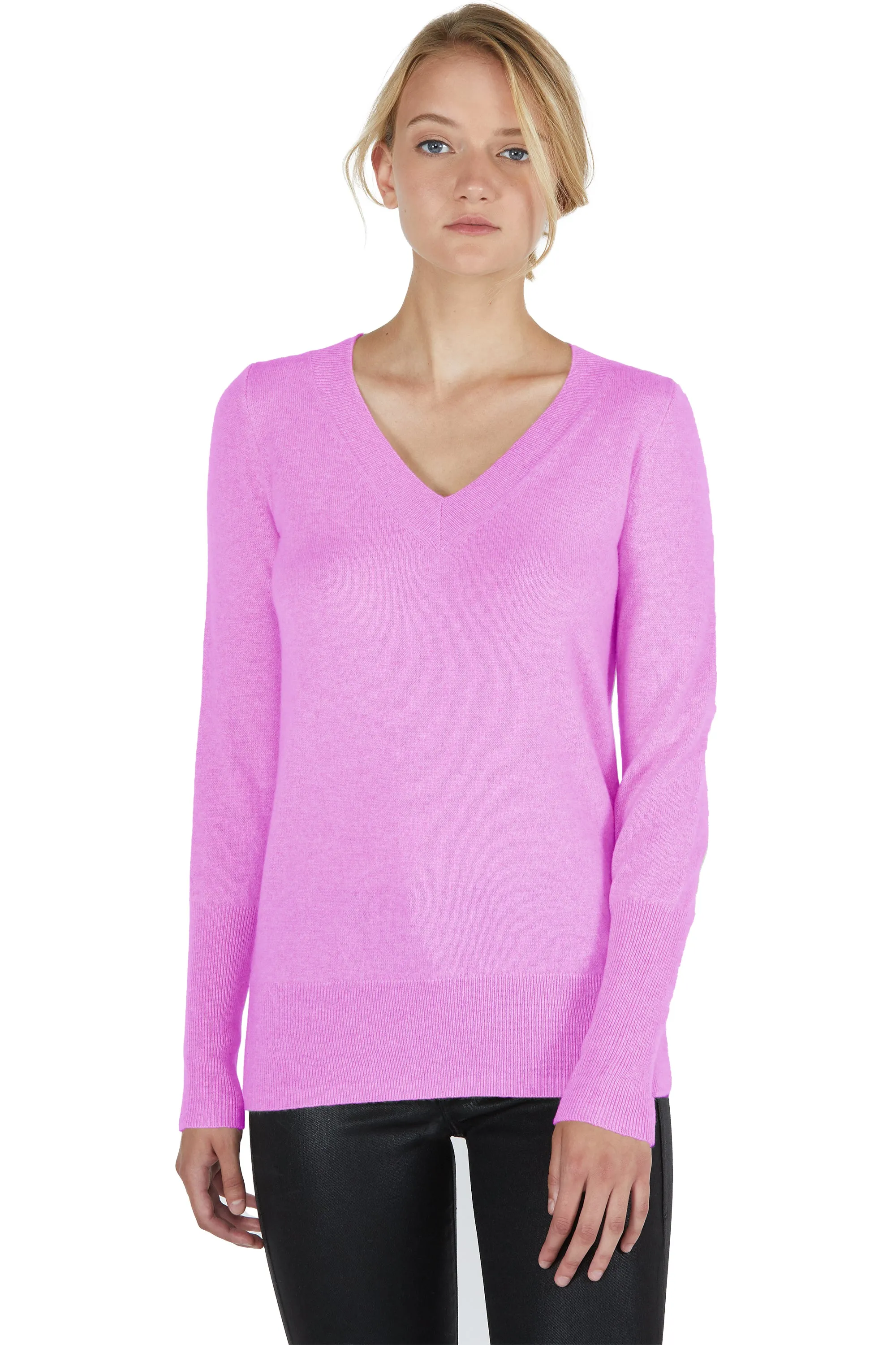 JENNIE LIU Women's 100% Pure Cashmere Long Sleeve Ava V Neck Pullover Sweater