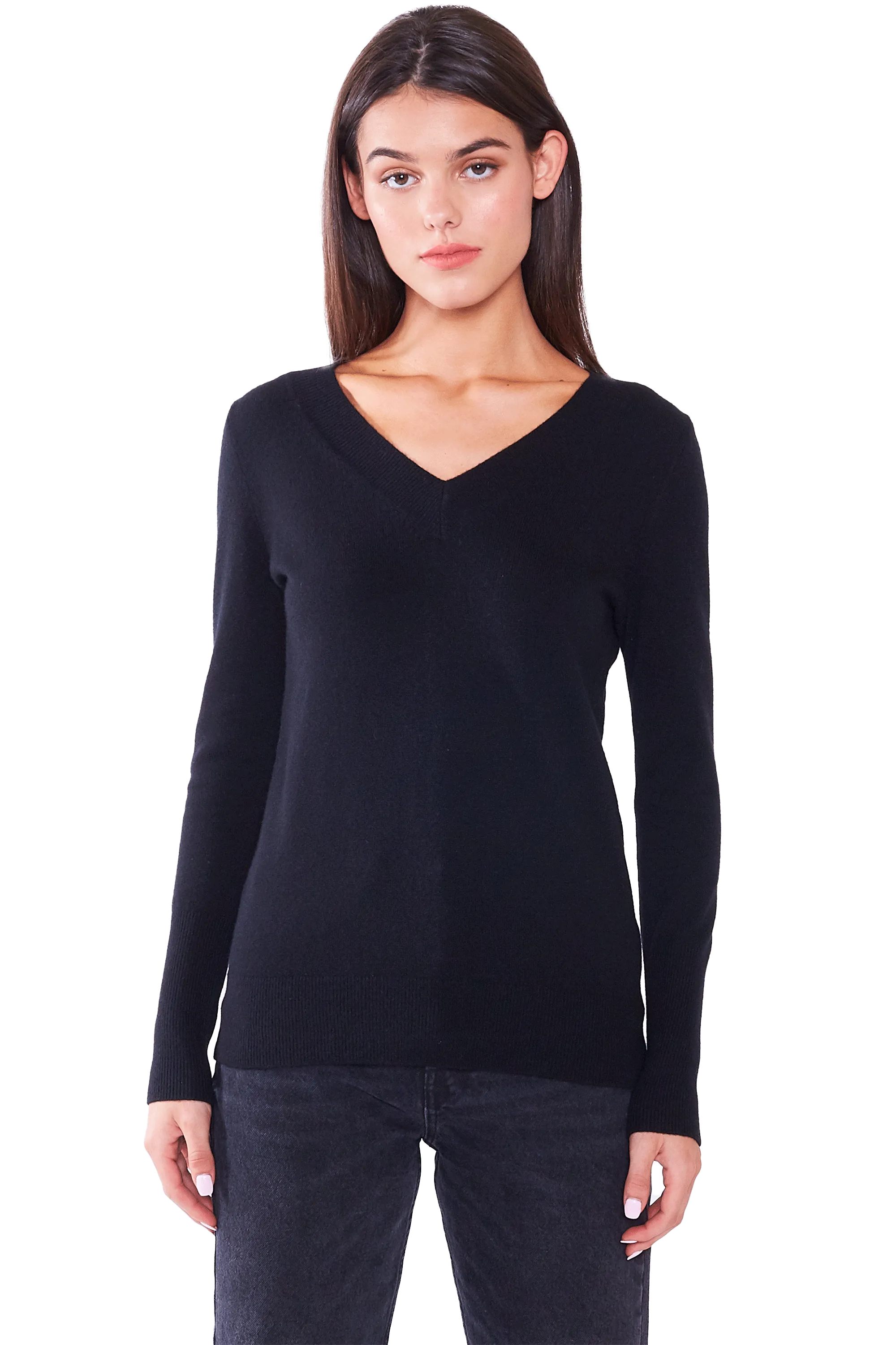 JENNIE LIU Women's 100% Pure Cashmere Long Sleeve Ava V Neck Pullover Sweater