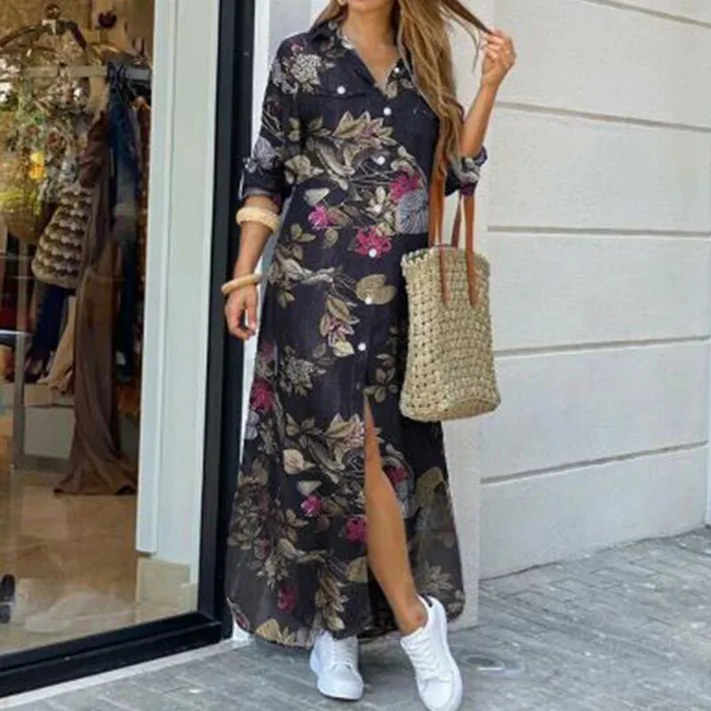 LVSANW Casual Dresses Women Long Sleeve Shirt Dress Printed  Long Dresses Laides Loose Dress Maxi Dress Vestido Casual