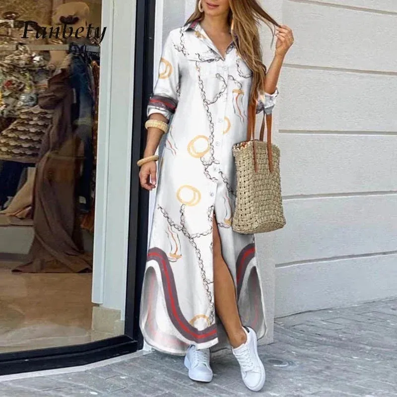 LVSANW Casual Dresses Women Long Sleeve Shirt Dress Printed  Long Dresses Laides Loose Dress Maxi Dress Vestido Casual