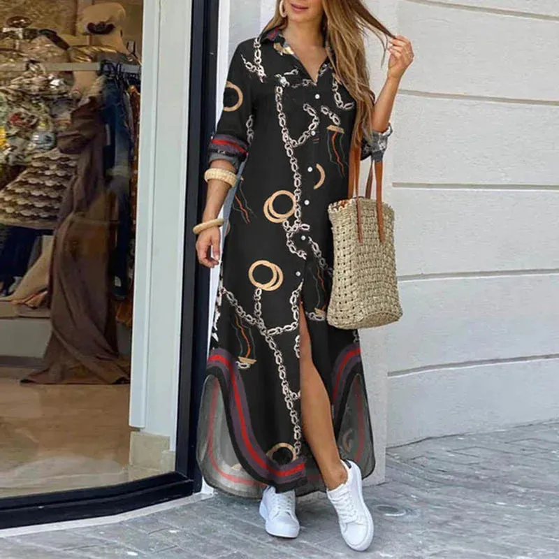 LVSANW Casual Dresses Women Long Sleeve Shirt Dress Printed  Long Dresses Laides Loose Dress Maxi Dress Vestido Casual