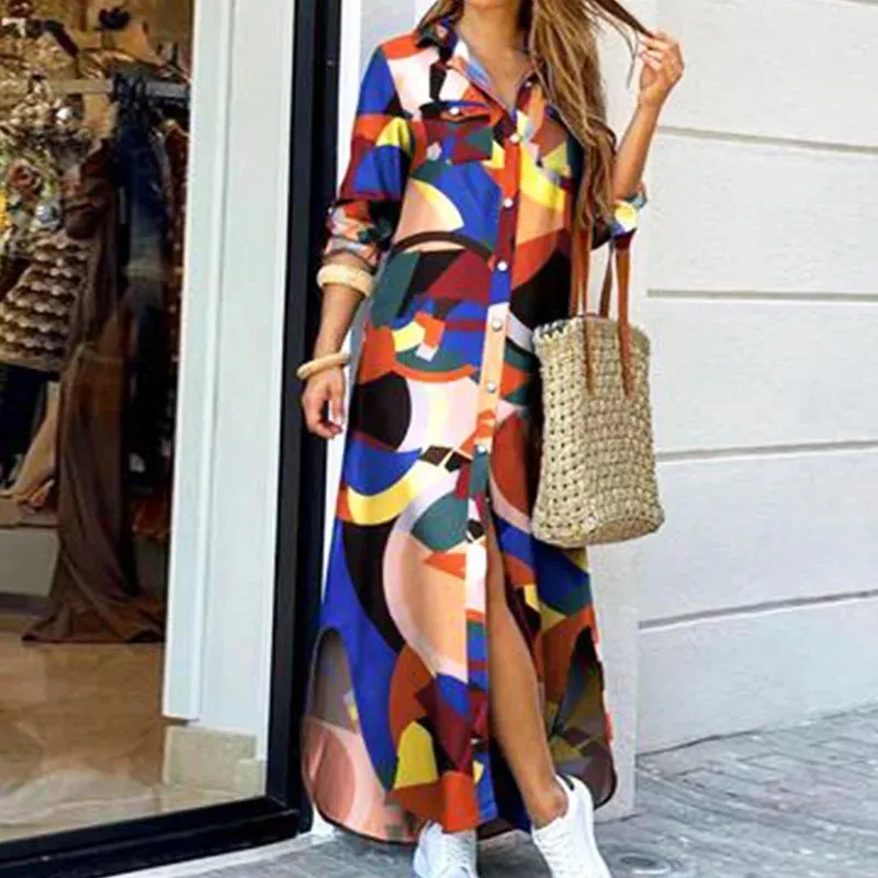 LVSANW Casual Dresses Women Long Sleeve Shirt Dress Printed  Long Dresses Laides Loose Dress Maxi Dress Vestido Casual