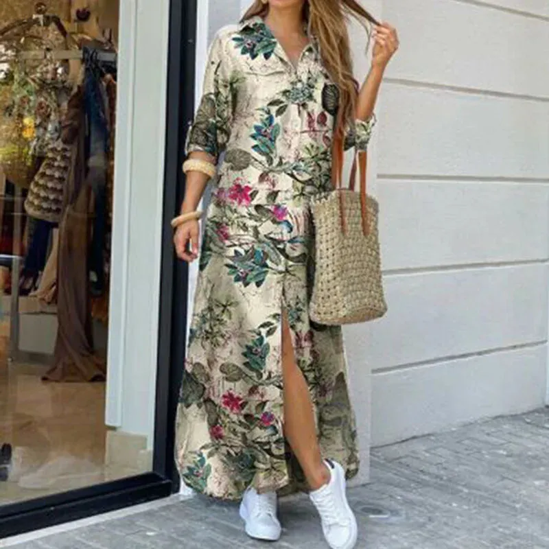 LVSANW Casual Dresses Women Long Sleeve Shirt Dress Printed  Long Dresses Laides Loose Dress Maxi Dress Vestido Casual