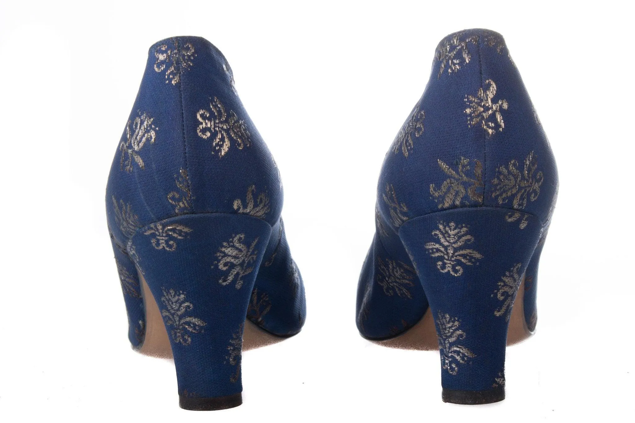 Marshall and Snellgrove Vintage Blue and Gold Brocade Shoes set UK Size 4.