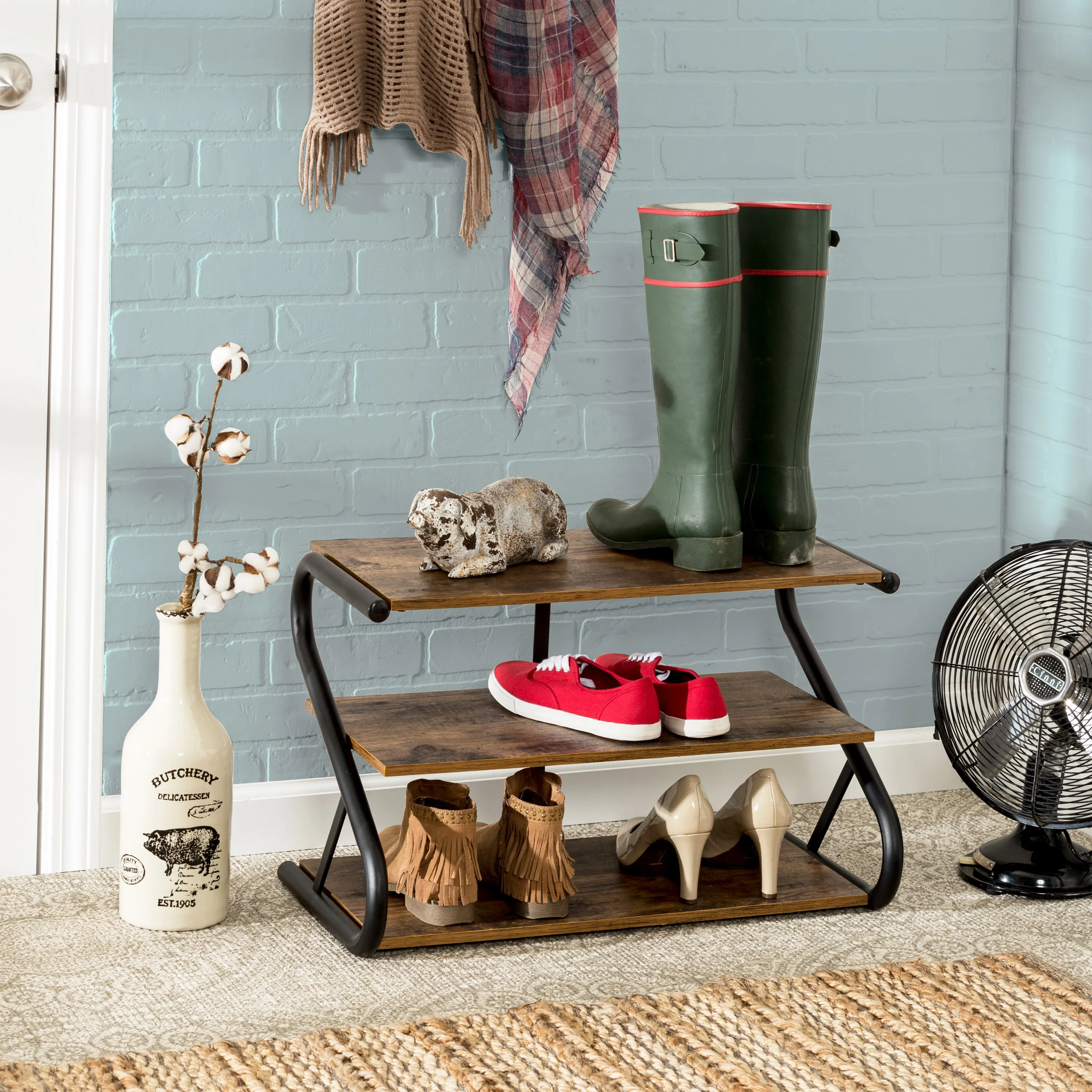 Matte Black/Rustic Wood 3-Tier Z-Frame Shoe Rack