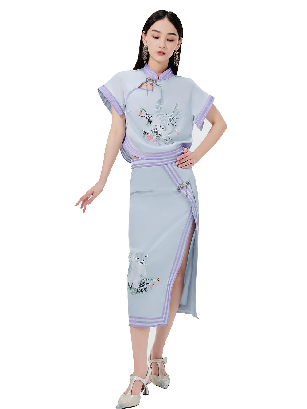 MUKZIN Chinese Style Cat Embroidery Print Slit Midi Skirt