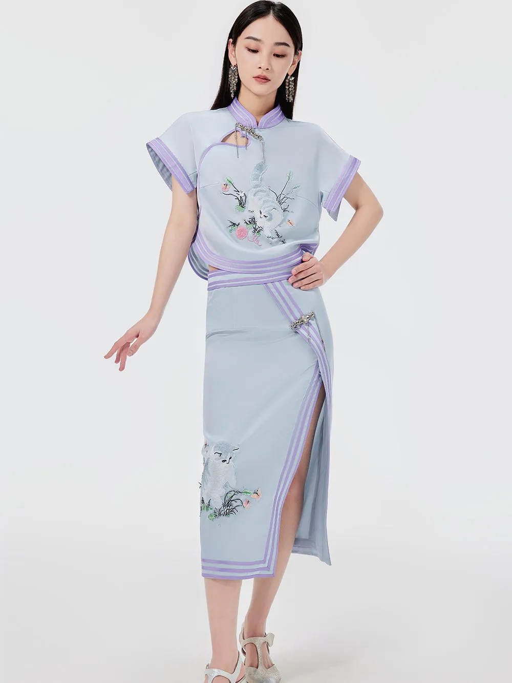 MUKZIN Chinese Style Cat Embroidery Print Slit Midi Skirt