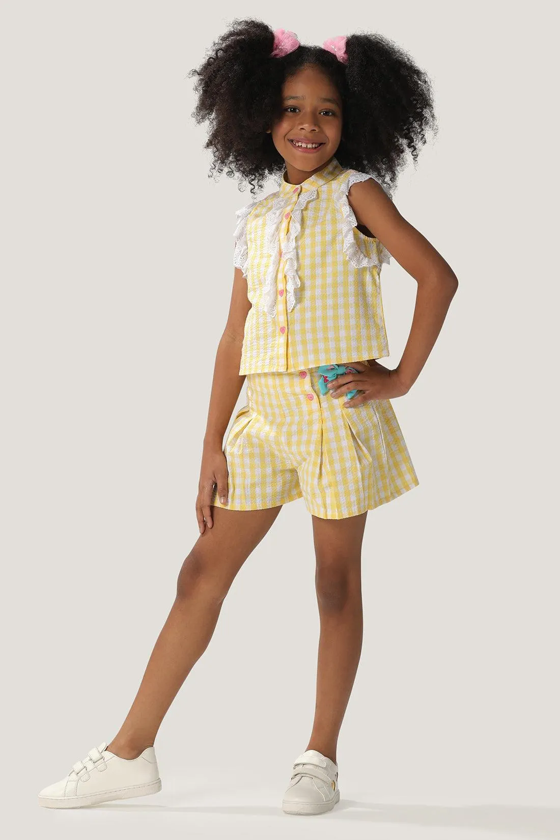 One Friday Kids Girls Checkered Yellow Cotton Shorts