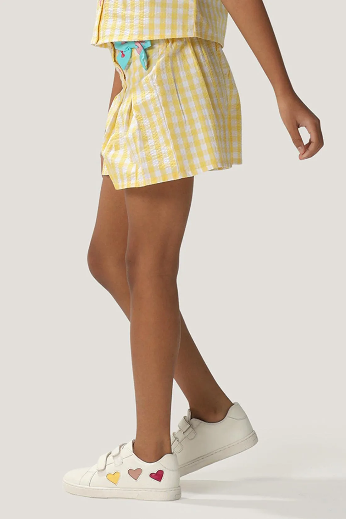 One Friday Kids Girls Checkered Yellow Cotton Shorts