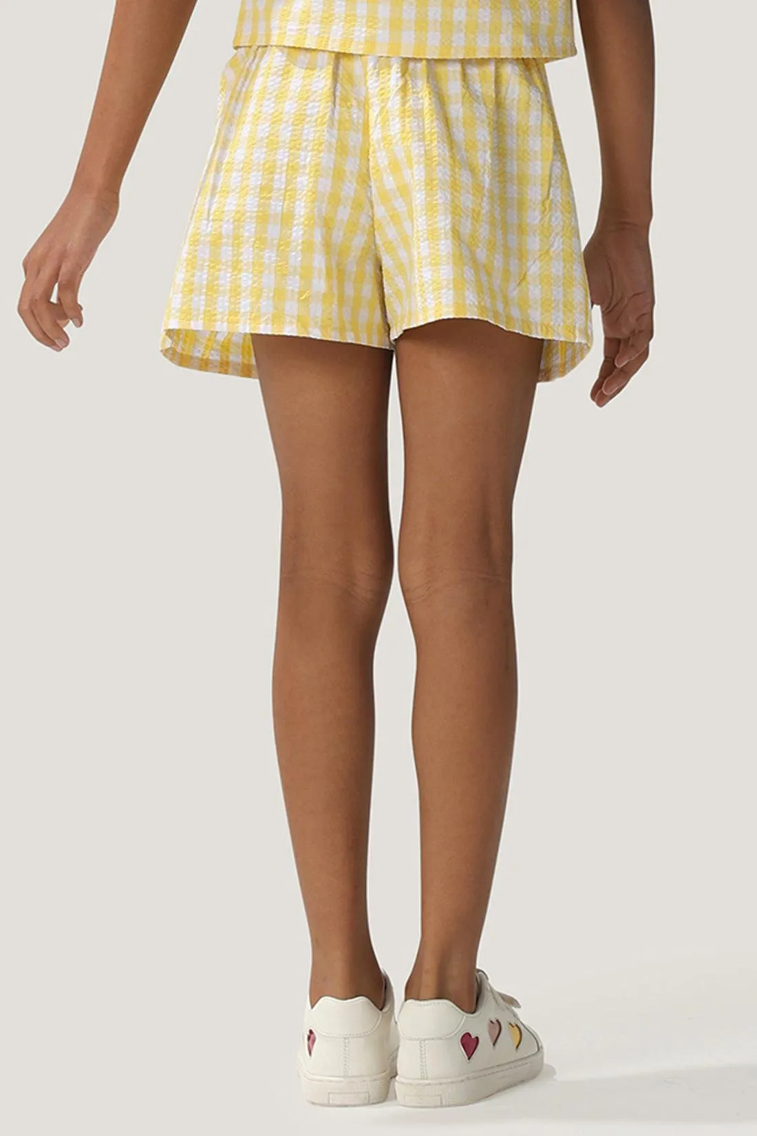 One Friday Kids Girls Checkered Yellow Cotton Shorts