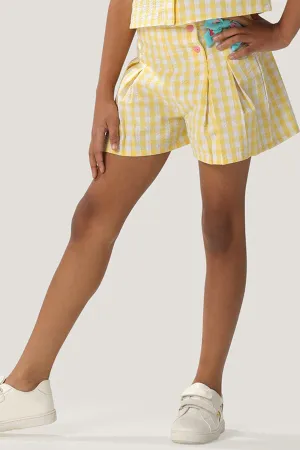 One Friday Kids Girls Checkered Yellow Cotton Shorts