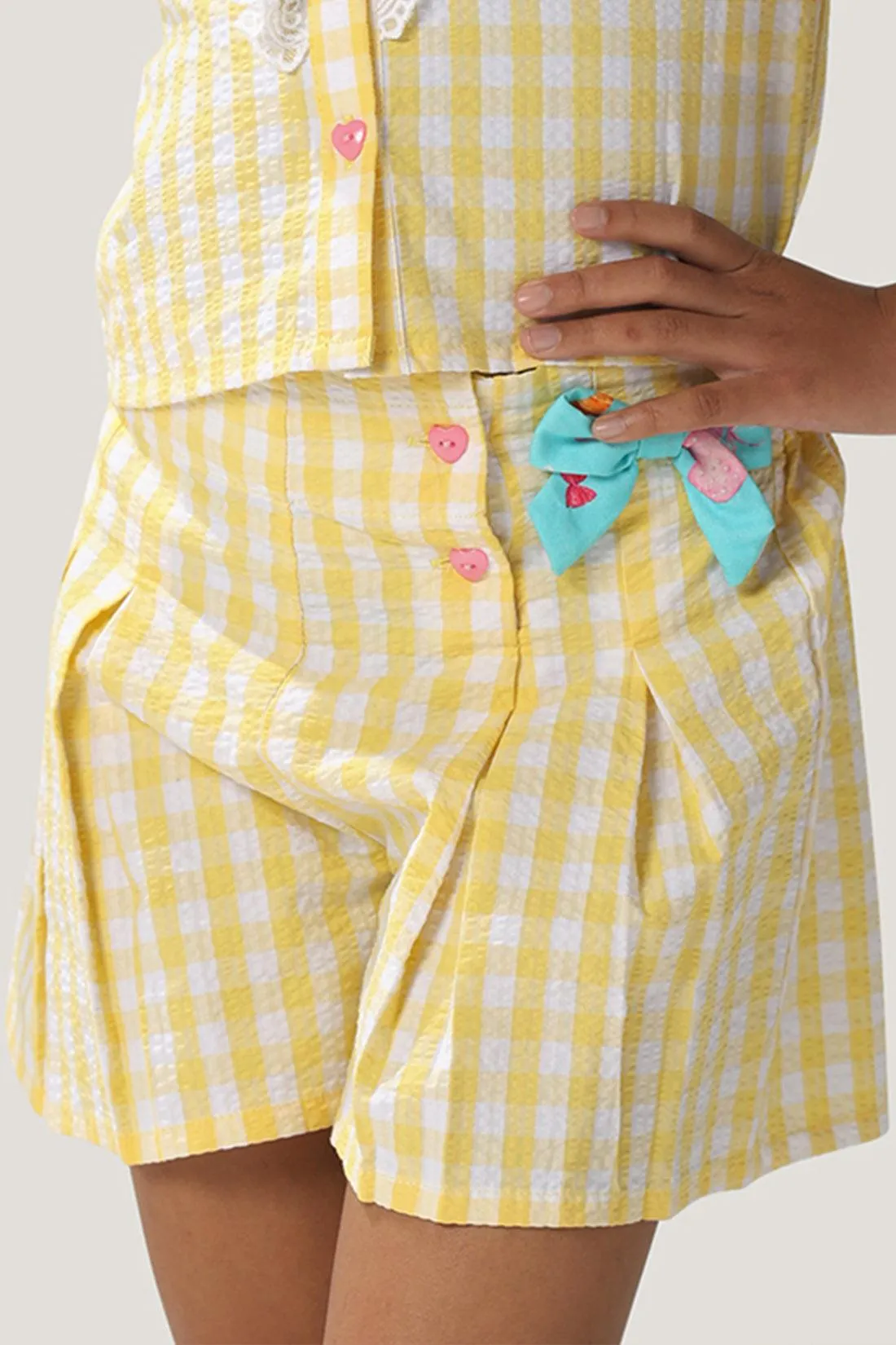 One Friday Kids Girls Checkered Yellow Cotton Shorts