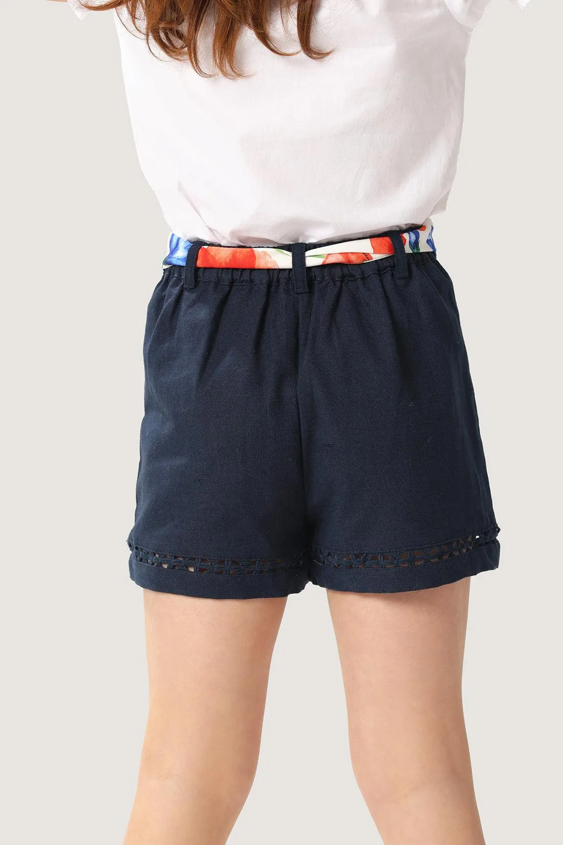 One Friday Kids Girls Navy Blue Cotton Embellishment Short