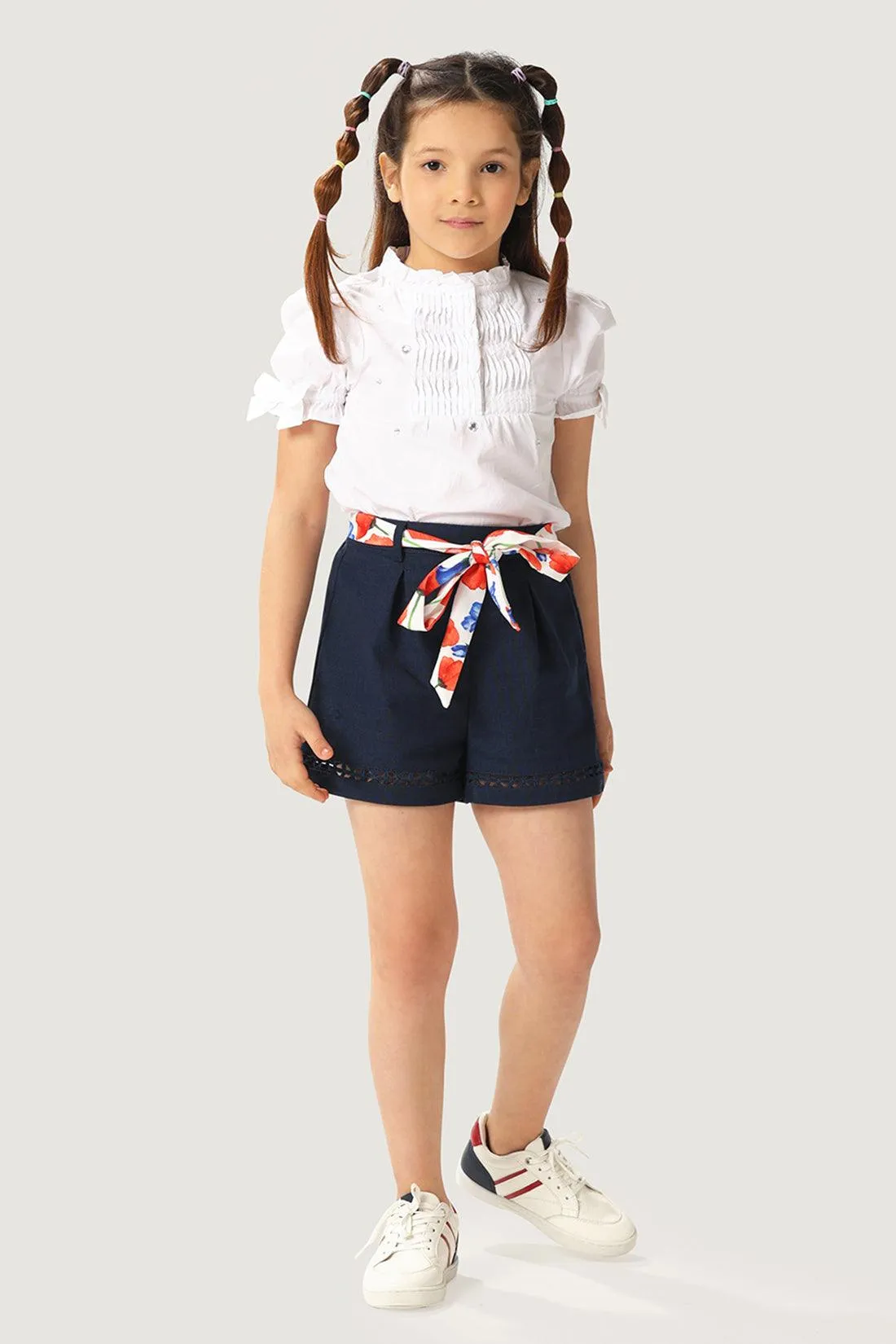 One Friday Kids Girls Navy Blue Cotton Embellishment Short