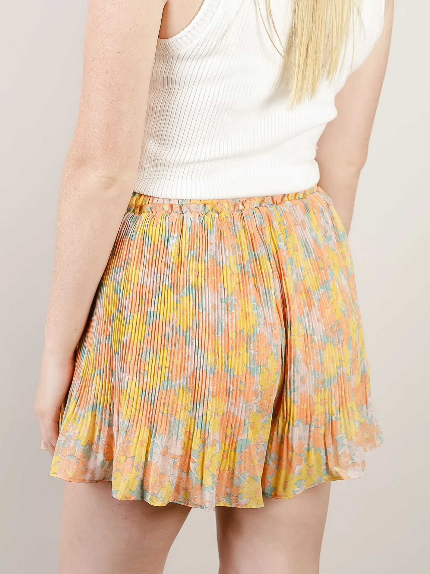 Orange Print Pleated Chiffon Shorts