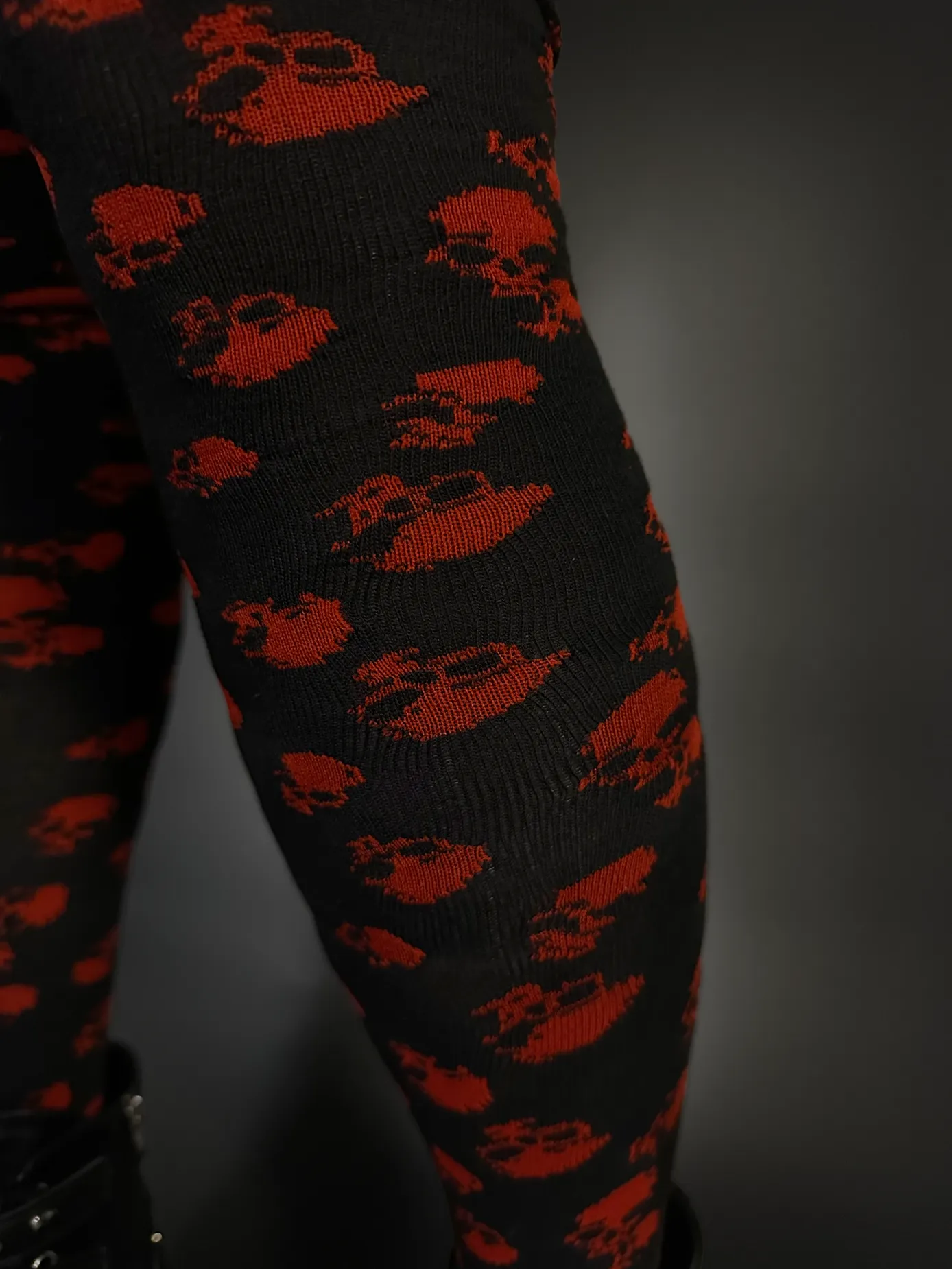 Over The Knee Black & Red Skull Socks by Pamela Mann