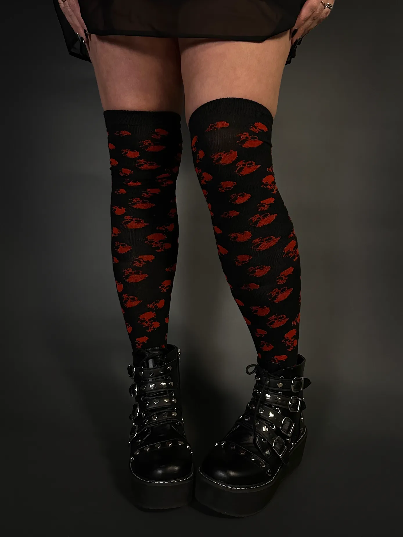 Over The Knee Black & Red Skull Socks by Pamela Mann