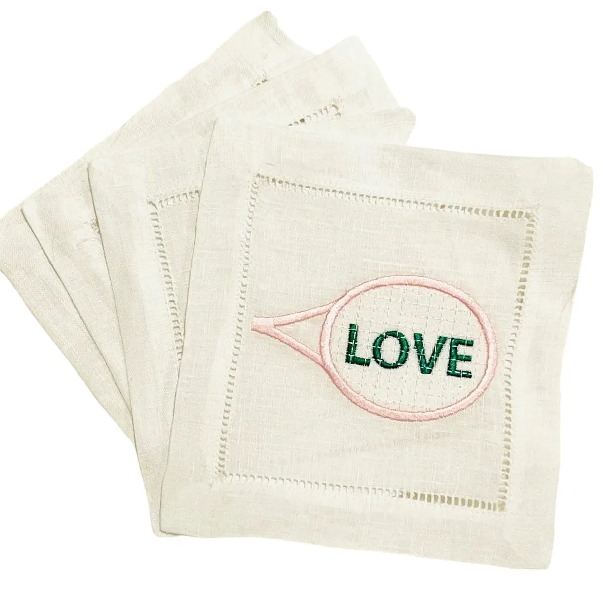 Pink Love Tennis Racket Embroidered Cocktail Napkins