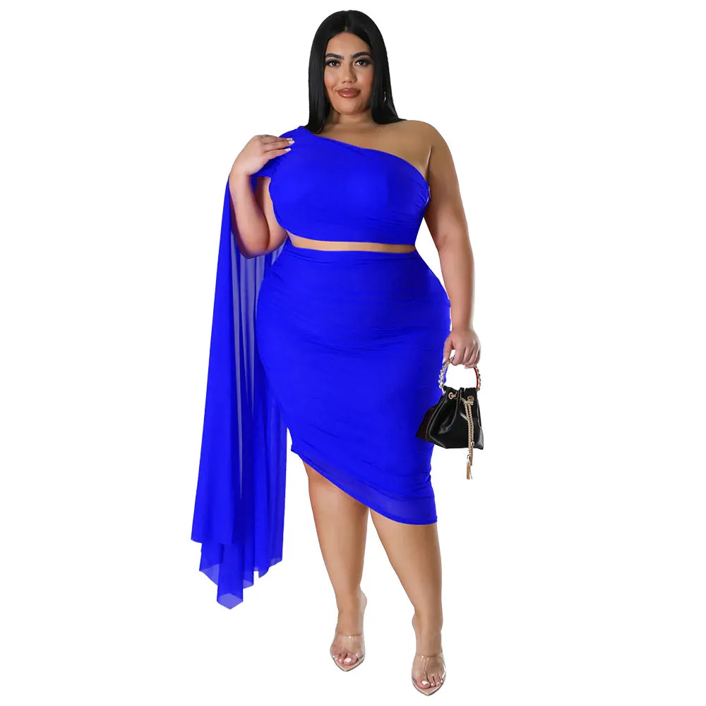 Plus Size Diagonal Collar Long Train Sleeve Wrinkle Two Piece Skirt Set